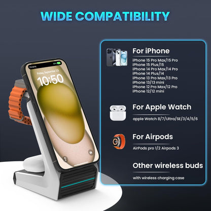 Charging Station for iPhone and Apple Watch: 3 in 1 Wireless Phone Charger Stand for iPhone 17 16 15 14 13 12 11 Pro Max & AirPods, Bedside Nightstand Docking