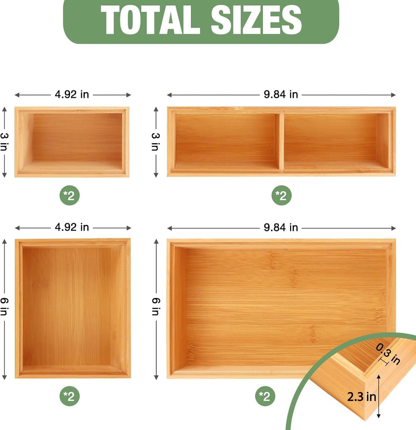 Bamboo Drawer Organizer,5 PCS White Bathroom Tray&Desk Organizers and Storage,Cabinet Divider With Removable Silverware Organization for Kitchen,Utensils,Junk,Office,Makeup