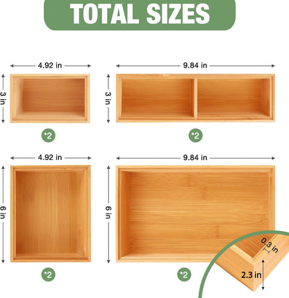 Bamboo Drawer Organizer,5 PCS White Bathroom Tray&Desk Organizers and Storage,Cabinet Divider With Removable Silverware Organization for Kitchen,Utensils,Junk,Office,Makeup