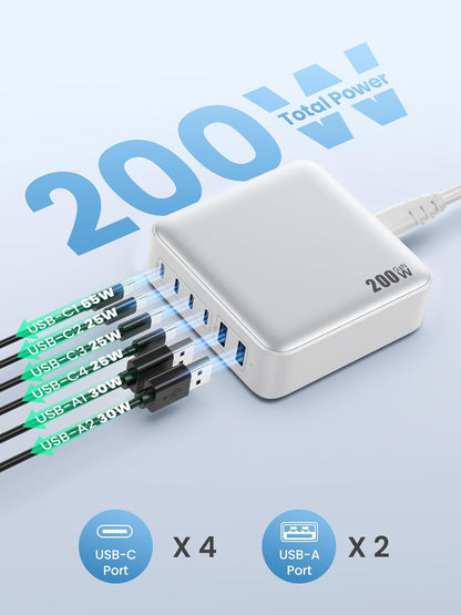 USB C Charger 200W USB C Charger Block,Upgraded GaN III 8-Port Fast Charging Station Hub,PD 65W Laptop Charging Adapter Compatible with MacBook Pro/Air,DELL,Steam Deck,iPhone 16/15/14,Galaxy S23/22