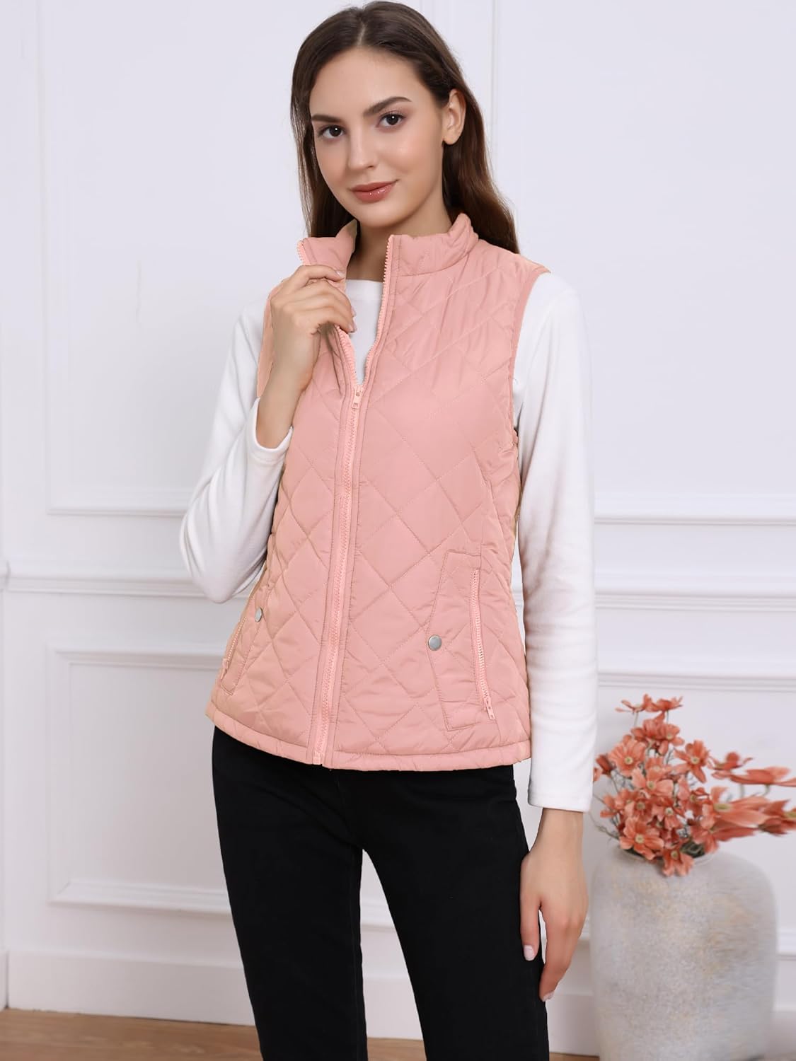 Allegra K Women's Puffer Vest Stand Collar Lightweight Gilet Quilted Zip Vest