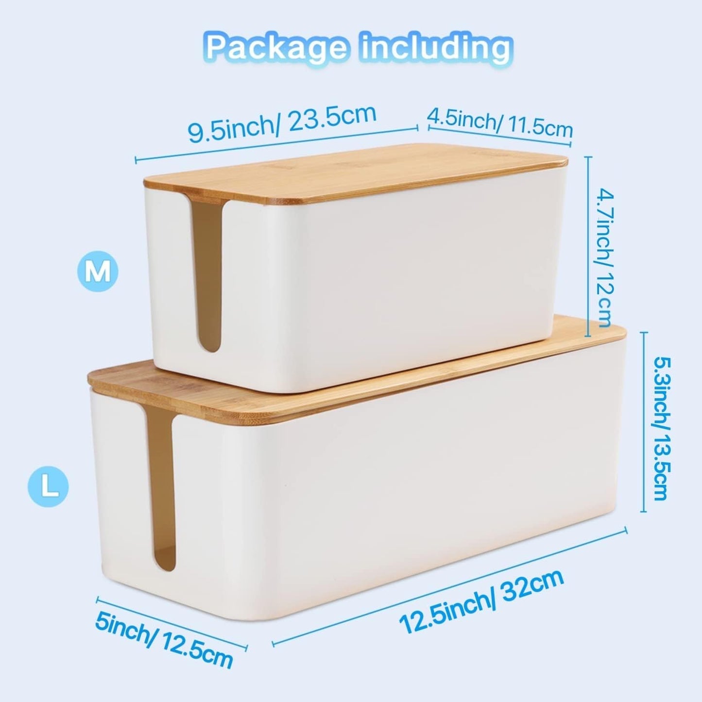 Cable Management Box Organizer, Set of 3 Bamboo Lid Storage Wires Holder to Cover Hide Surge Protector, Power Strips & Cords- with 5 Cables Fastening Tapes for Home, Office, Desk, PC, TV, USB Hub