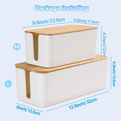 Cable Management Box Organizer, Set of 3 Bamboo Lid Storage Wires Holder to Cover Hide Surge Protector, Power Strips & Cords- with 5 Cables Fastening Tapes for Home, Office, Desk, PC, TV, USB Hub