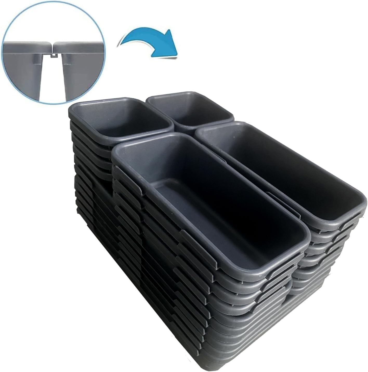Kutesna 15 Piece Drawer Organizer Set, 3 Size Interlocking Plastic Storage Bins for Office Supplies, Jewelry Makeup Vanity, Bathroom Kitchen, Home Organization Closet, Gadgets Small Items, Black