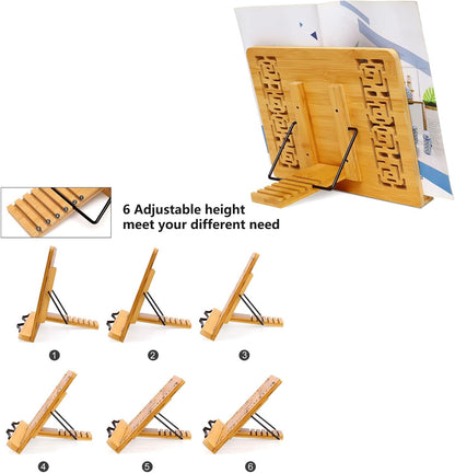 MEGREZ Bamboo Foldable Book Stand (13.2 x 9.4 inch) Reading Frame Rest Holder Cookbook Stand/Tablet PC Textbook/Music Document Stand/Desk Bookrest with Retro Hollow, Positive & Work Hard