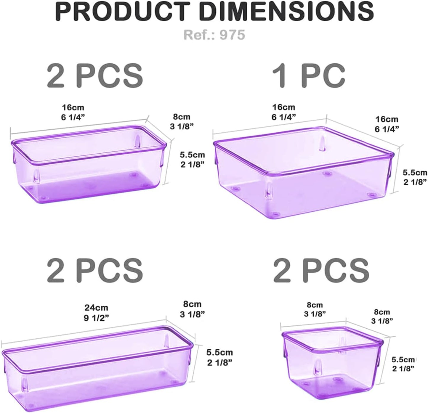 Acrimet Drawer Organizer Modular, Box Tray Storage Bins for Office, Home, Makeup, Kitchen, Junk Drawer (7 Units - 4 Sizes) (Clear Purple Plastic)