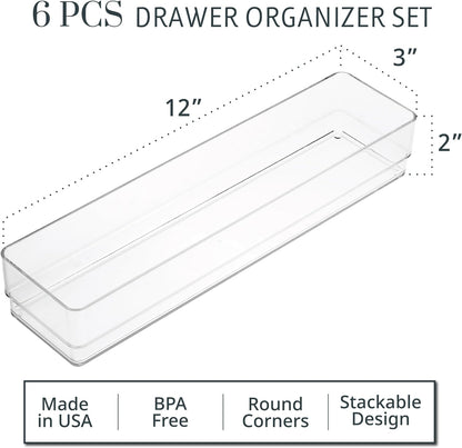 STORi SimpleSort 6-Piece Stackable Clear Drawer Organizer Set | 12" x 3" x 2" Rectangle Trays | Narrow Makeup Vanity Storage Bins and Office Desk Drawer Dividers | Made in USA
