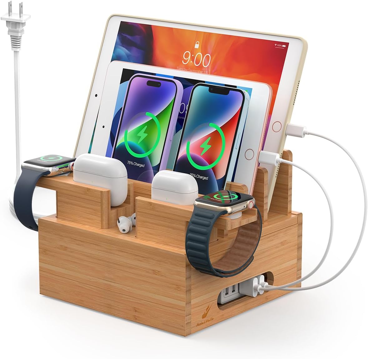 Pezin & Hulin Bamboo Charging Station Organizer for Multiple Devices, Desktop Docking Station Compatible with Phone, Tablet, Earbuds, Smartwatch, (Included 5 Cables, NO Charger HUB)