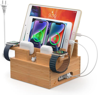 Pezin & Hulin Bamboo Charging Station Organizer for Multiple Devices, Desktop Docking Station Compatible with Phone, Tablet, Earbuds, Smartwatch, (Included 5 Cables, NO Charger HUB)
