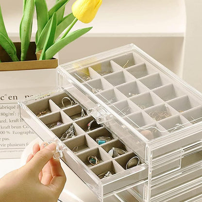 YUFONG Earring Organizer Box Acrylic Jewelry Organizer with 3 Drawers 54 Adjustable Grids Clear Stackable Earring Holder Velvet Trays Ring Display Case for Women Girls (Beige)