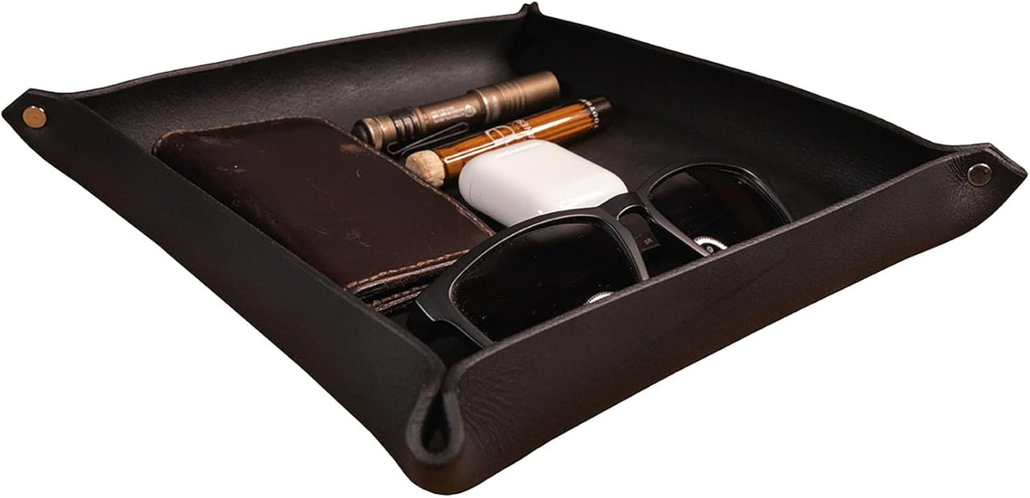 Valet Tray – Full-Grain Leather Catchall Organizer for Keys, Phone & Wallet – Rustic Nightstand & Desk Tray with Raised Sides – Handmade in USA (Vintage Brown, Small Rectangle)