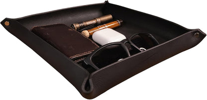 Valet Tray – Full-Grain Leather Catchall Organizer for Keys, Phone & Wallet – Rustic Nightstand & Desk Tray with Raised Sides – Handmade in USA (Vintage Brown, Small Rectangle)