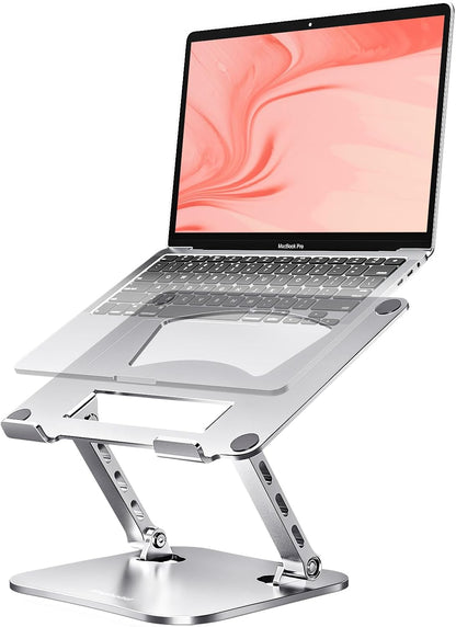 Laptop Stand for Desk, Adjustable Height & Angle Portable Aluminum Laptop Riser & Monitor Stand with 360° Swivel, Foldable Ergonomic Computer Stand for 10-17 Inch Laptops (MacBook/Dell/HP), Silver.