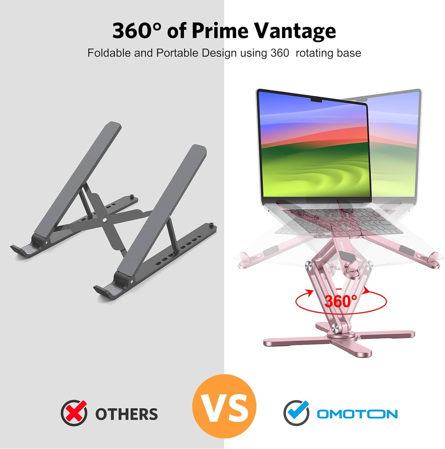 OMOTON LA10 360° Rotating Laptop Stand Riser for Desk, Ergonomic Foldable Computer Stand Adjustable Height Angles for Collaborative Work, Easy Storage Fit Macbooks,All Laptops up to 16 inches, Silver