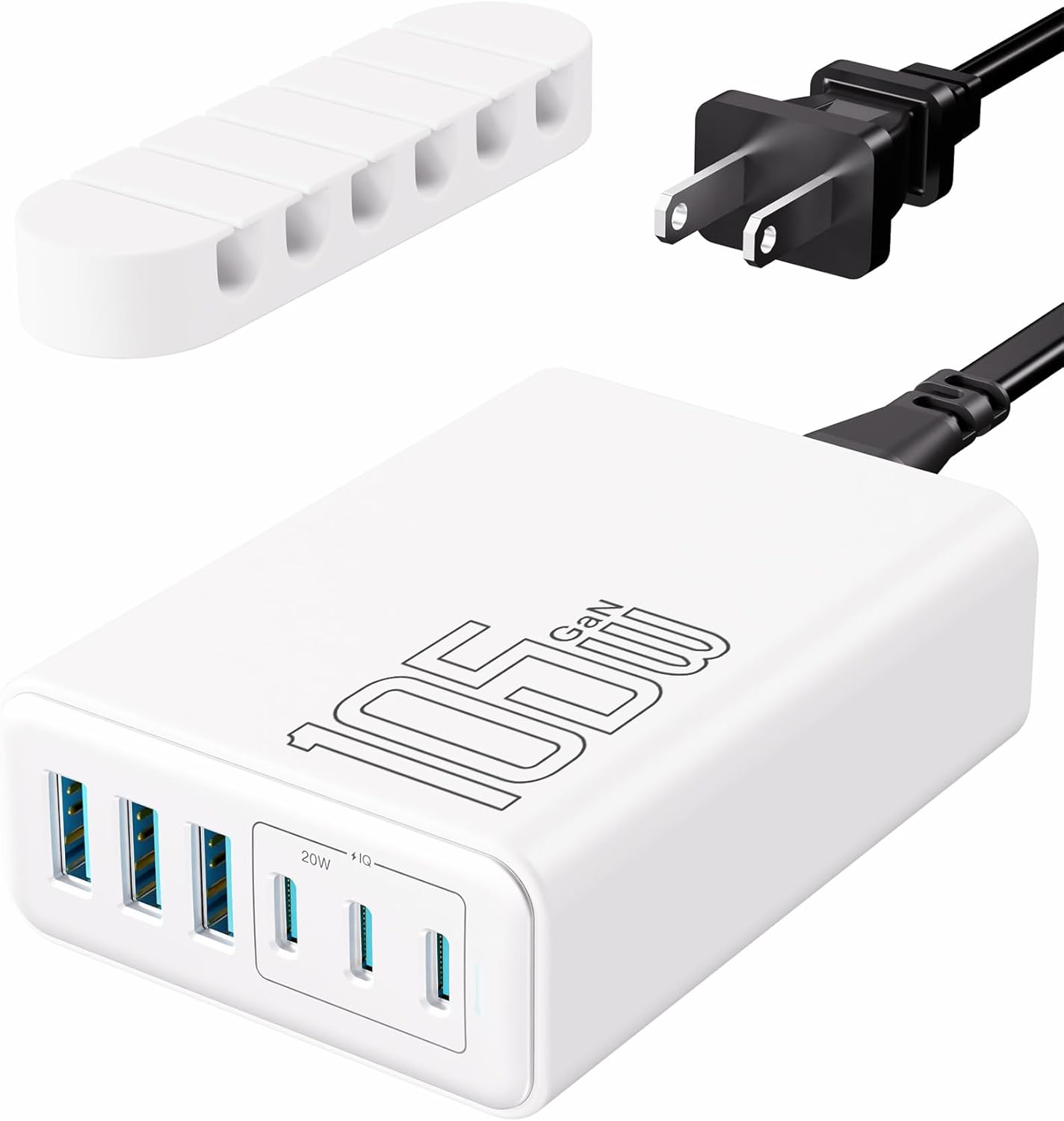 105W USB C Fast Charger, 6-Port Desktop GaN USB Charging Station Hub, USB C Charger Block Wall Charger for iPhone 17/16/15/14/13/12/11, iPad, Samsung and More (Cable Organizer Included)