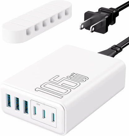 105W USB C Fast Charger, 6-Port Desktop GaN USB Charging Station Hub, USB C Charger Block Wall Charger for iPhone 17/16/15/14/13/12/11, iPad, Samsung and More (Cable Organizer Included)