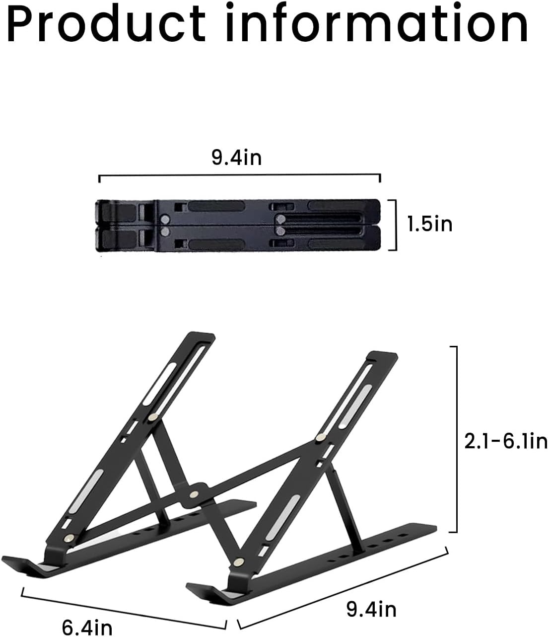 Adjustable Aluminum Alloy Laptop Stand for Desk, Portable Laptop Riser with 6-Level Height, Foldable Ergonomic Laptop Holder, for 10-15.6” Laptops and Tablets - Black