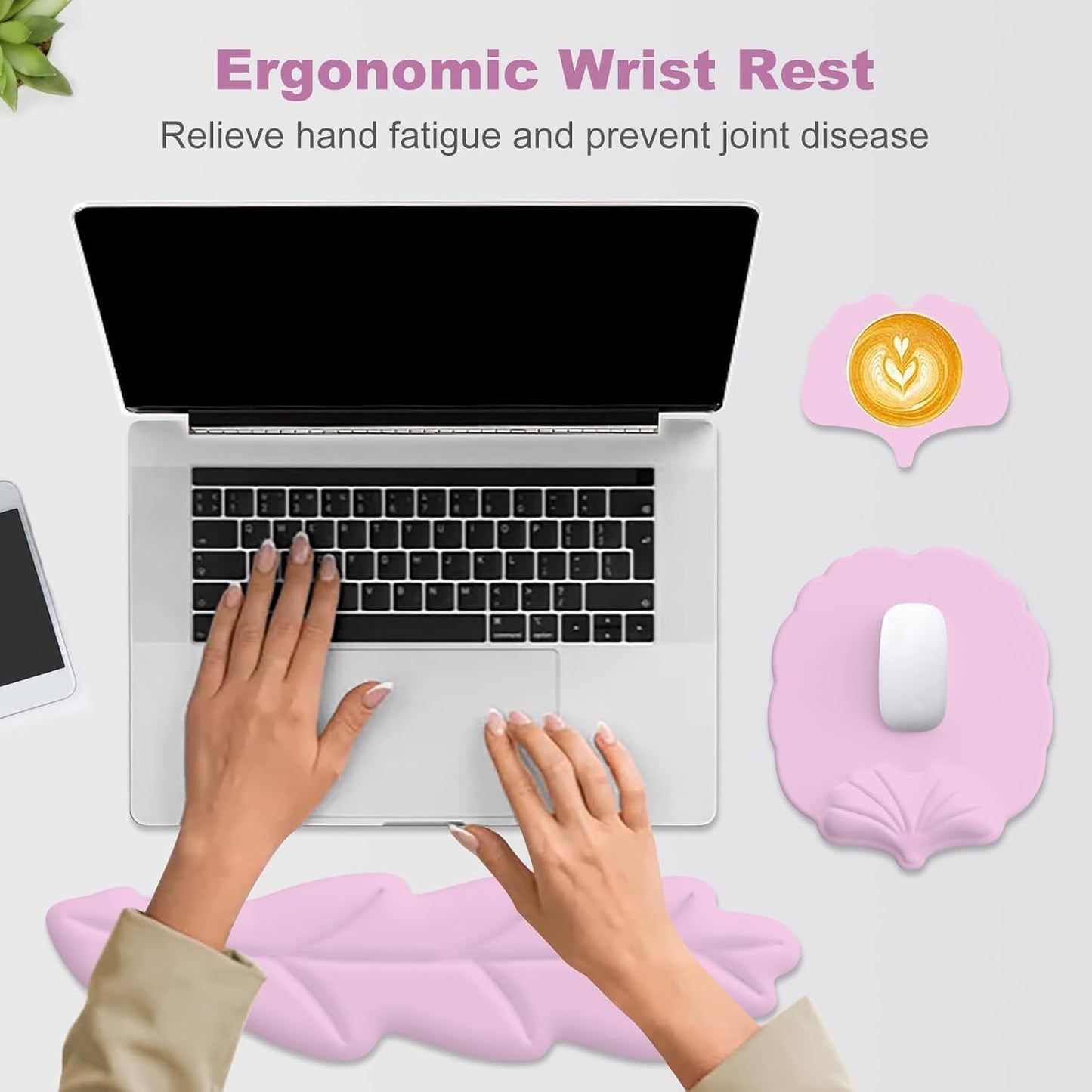 Keyboard Wrist Rest and Mouse Pad with Wrist Support Set, Ergonomic Leaf Shape Mouse Pad with Non-Slip Base, Pain Relief Memory Foam Mousepad for Computer,Laptop,Home Office, Green