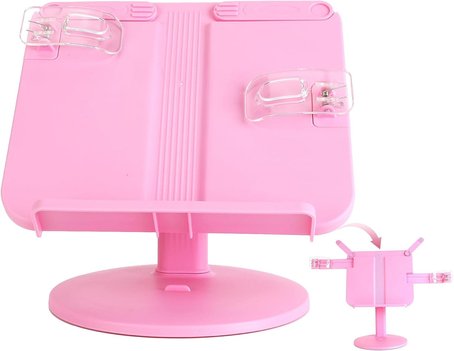 Kids Book Stand, Adjustable Reading Holder, Thick Base, Foldable Reading Stand with Elastic Page Clips, for 8.5"×11" or Smaller, Gift for Children's Day, Pink