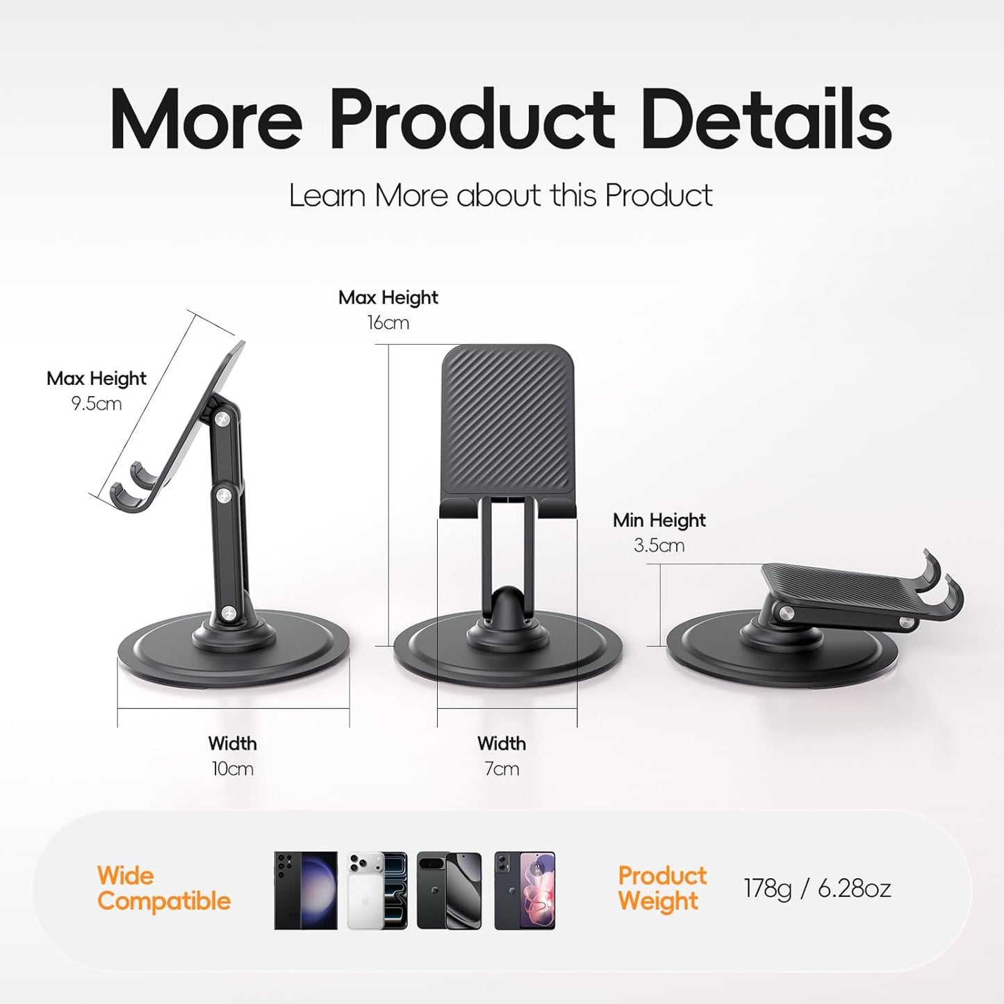 Adjustable Phone Stand for Desk, 360° Rotating Foldable Mobile Phone Holder, Sturdy Office Desk Accessories for All iPhone & Samsung Galaxy Models