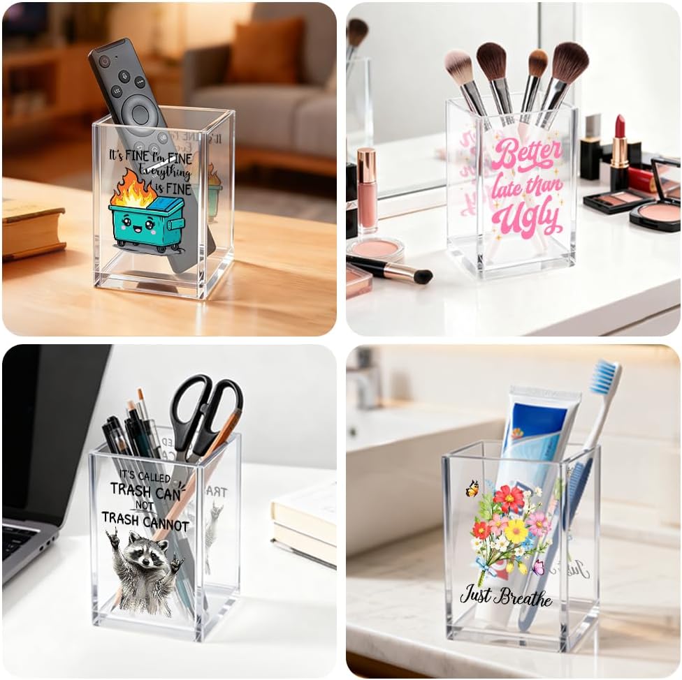 Just Breathe Acrylic Cosmetic Organizer Pen Holder, Anxiety Relaxing Acrylic Desk Holder Cup for Pen Pencil, Dandelion Desk Organizer, Mental Health Office Gifts for Coworker Leader Friend