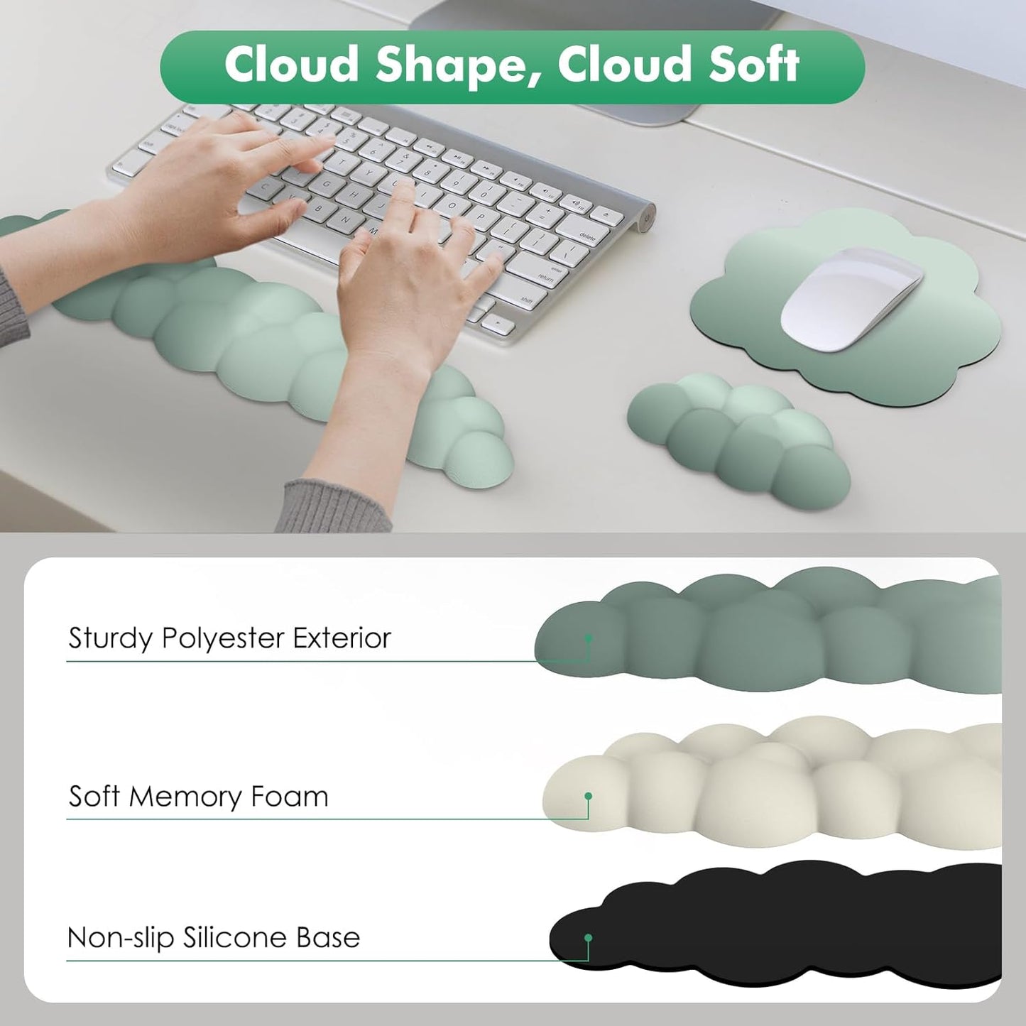 MoKo Cloud Wrist Rest, Ergonomic Cloud Keyboard Wrist Rest with Mouse Rest Wrist Pad, Durable Polyester Cloud Arm Rest Wrist Pad for Keyboard and Mouse for Office, Gaming, Computer, Laptop, Green