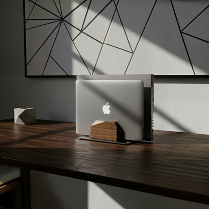 Walnut Wood Vertical Laptop Stand, Dual Slot Wooden Laptop Holder Vertical for Desk, Width Adjustable Dock Compatible with MacBook Pro and Universal Gaming Laptops