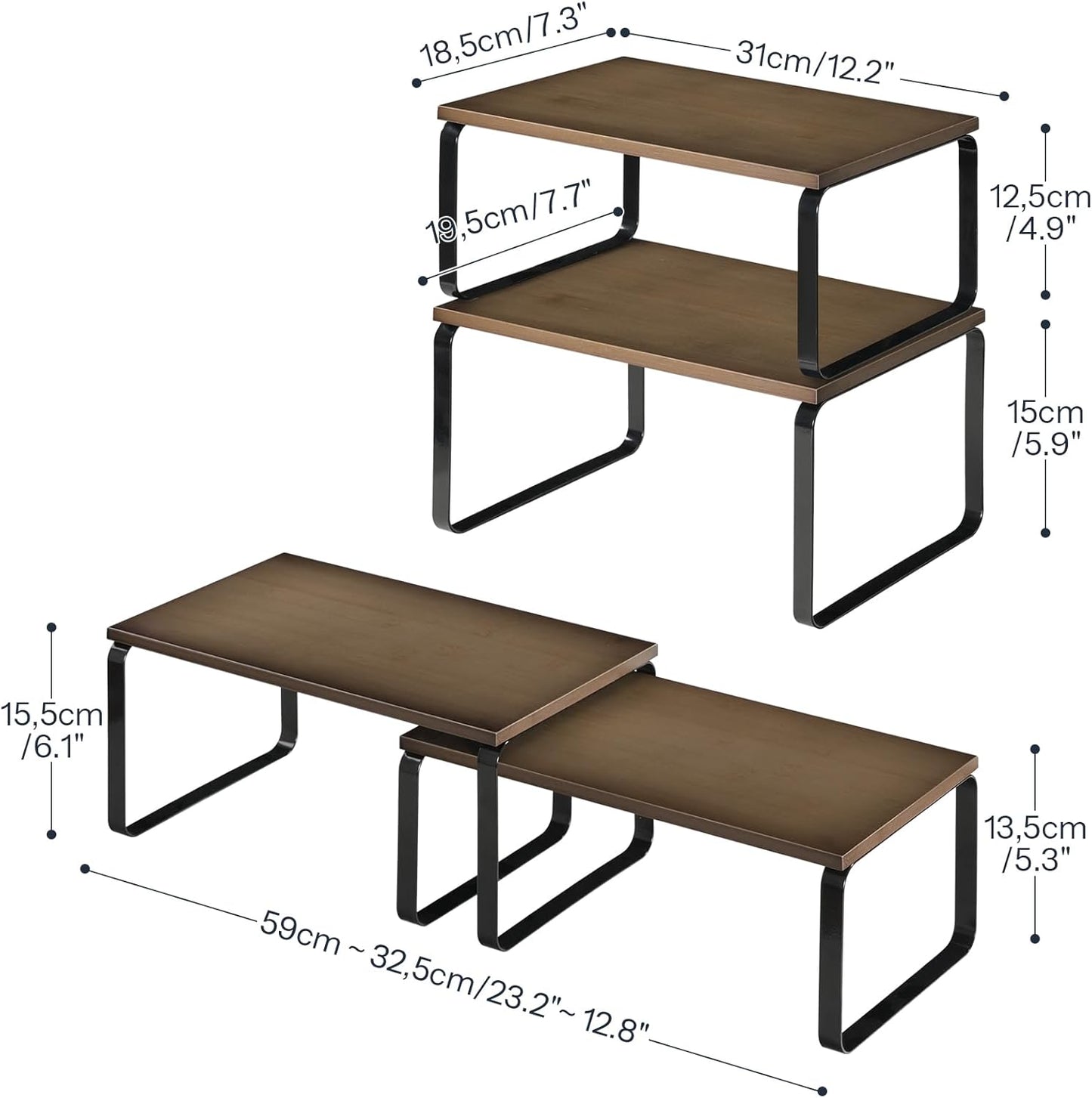 HOOBRO Cabinet Organizer Shelf, Set of 2 Kitchen Counter Shelves, Expandable Kitchen Storage, Stackable Bamboo Spice Rack, for Kitchen, Countertop, Office Desk, Bathroom, Natural and White YW30TL01