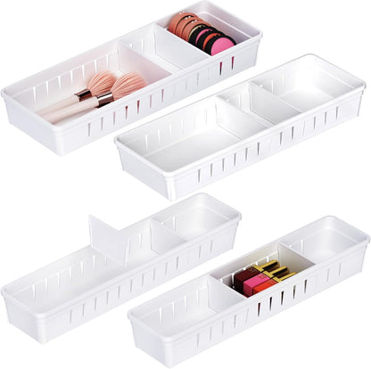 Desk Drawer Organizer Tray, 4 Pack Expandable Drawer Organizer with Dividers Adjustable, Bathroom Organizer Bins for Junk, Office, Makeup, Kitchen Utensil