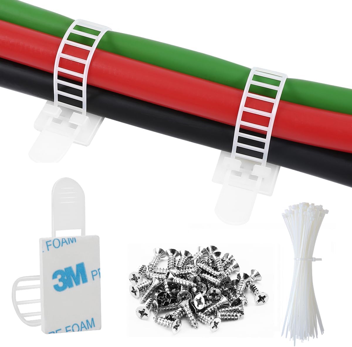 50Pcs Adhesive Cable Management Clips with 50Pcs Zip Ties, Adjustable Nylon Cable Strap Ties Wire Clips Clamps Organizer with Strong Adhesive Tape, Extra Screw & Hole - 3.35 Inch Black
