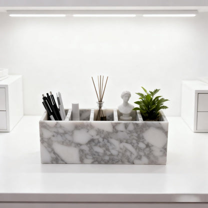 Marble Pen Holder, White Stone Rectangular Desktop Organizer, Office Study Makeup Brush Storage, Home Desk Decor, Minimalist Design, Durable Marble Accessory