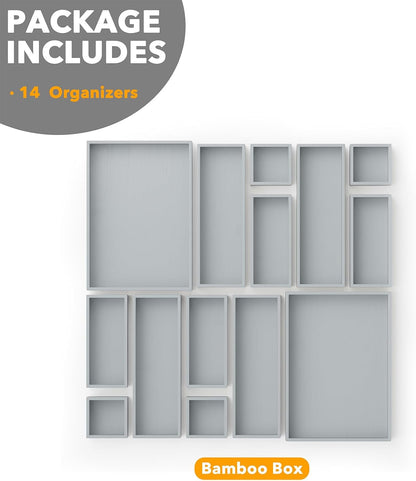 SpaceAid 14-Piece Bamboo Drawer Organizer Storage Boxes Set, Wood Tray Junk Drawer Organizers Multi-Use Divider Bins for Kitchen, Bathroom, Office Desk and Makeup Organization (14 Pack, Natural)