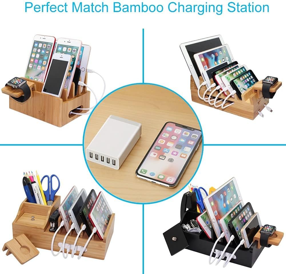 Pezin & Hulin Bamboo Charging Station Organizer for Multiple Devices & Wood Desktop Docking Charging Stand Such As Cell Phone, Tablets, Phone Case and Watch Stand(No USB Charger)