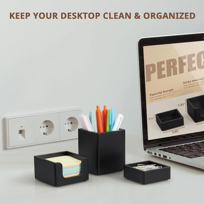 Desk Organizer Set of 3 - Bamboo Office Desk Accessories - Desk Organizers and Accessories for Women Men - Set incl. Pencil Pen Holder, Paperclip Storage and Sticky Note Holder
