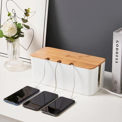 Cable Management Box with Bamboo Lid, Cord Organizer Box to Hide Wires & Power Strips, Extension Cord Power Stripe Surge Protector Wire Concealer Organizer Cover Hider (white-2pcs)