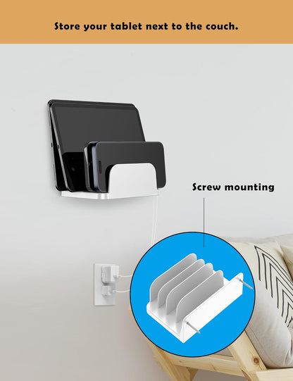 Phone Wall Mount Storage Organizer, Compatible with iPhone and Android, Holds Four Phones or Tablets at Once Charging Holder Station Fit for ipad, Kindle and More (Black)