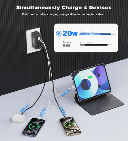 4 in 1 Retractable Wall Charger with Dual Cables,40W Retractable Phone Charger Wall Plug with Dual USB Ports,20W USB C Chargers Block Fast Charging for iPhone 17 16 15 14 13,LG, Galaxy S24 23,Pixel