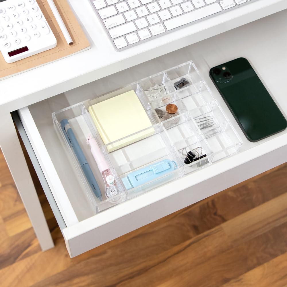 Isaac Jacobs 12-Compartment Clear Acrylic Drawer Organizer (9.4" L x 6.4" W x 1.3" H), Multi-Sectional Tray & Storage Solution for Makeup, School & Office Supplies, Bathroom, Kitchen