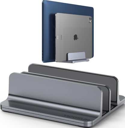 YICOSUN Aluminum Vertical Laptop Stand for Desk - Adjustable Width Dock for MacBook, Surface, Samsung, HP, Dell up to 17.3 inches - Space-Saving & Protective Design - Gray
