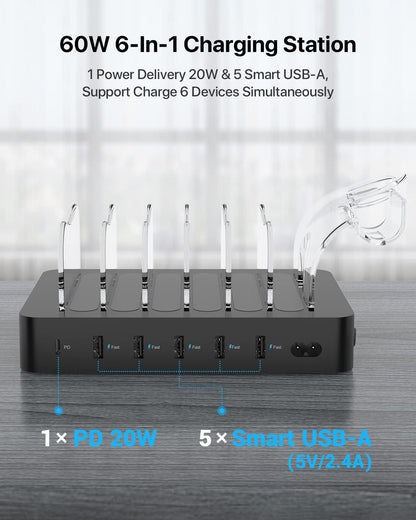 SooPii 60W 6-Port PD Charging Station for Multiple Devices, 20W PD USB C Fast Charging for lPhone 14/13/12,6 Short Cables Included, 2 in 1 Holder,for Phones,Tablets and Others…