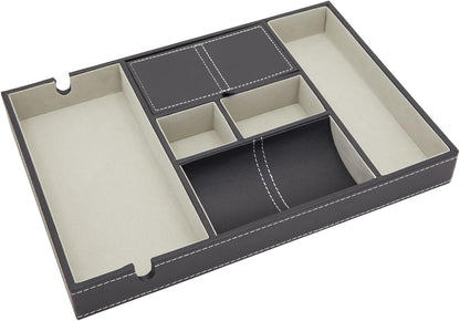 Juvale Nightstand Organizer Tray - 14 x 10 x 1.5 in, Black Faux Leather - Valet Tray for Men with 6 Compartments for Watch, Jewelry & Keys