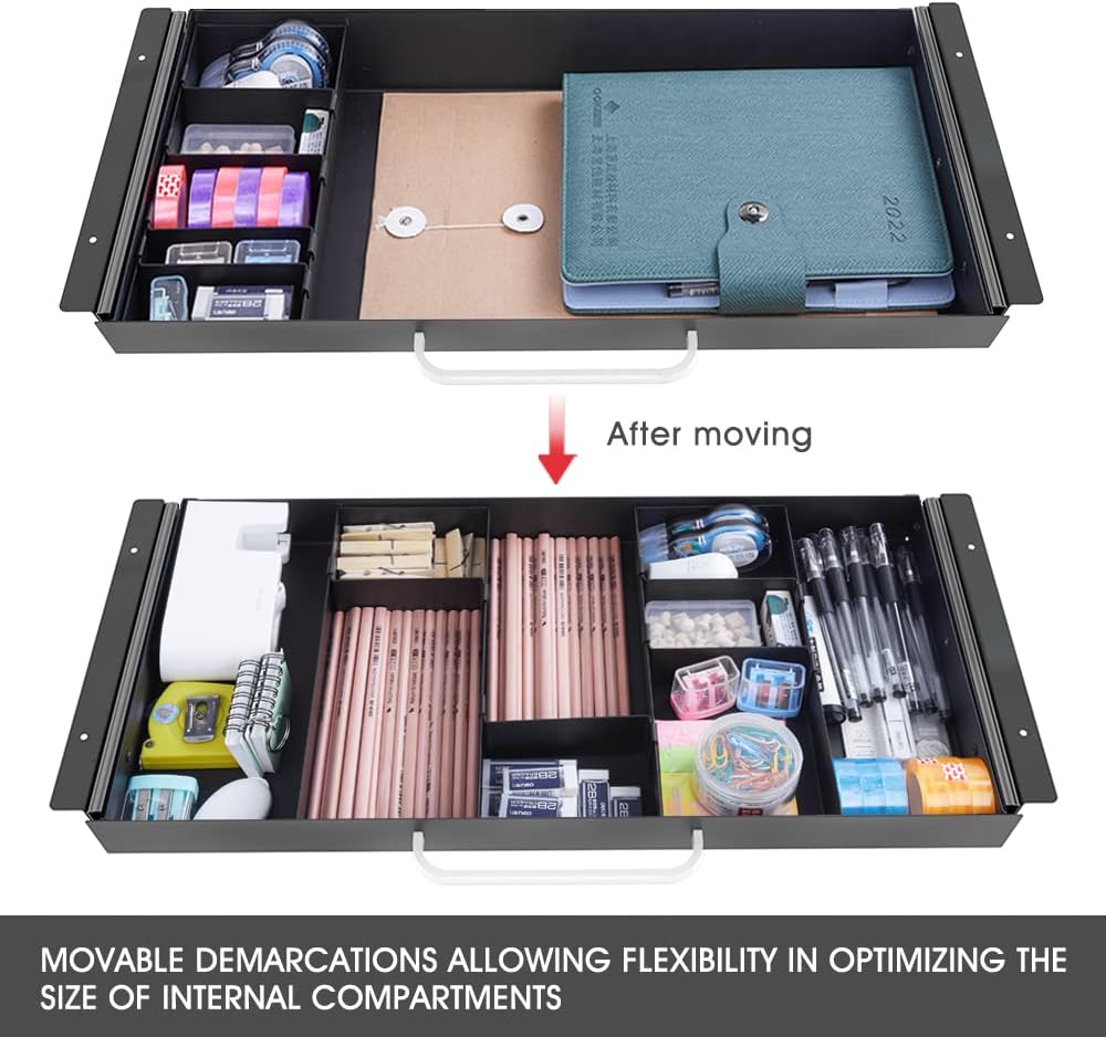 GOME Under Desk Slide out Pencil Drawer with Space Divider Design for Storing Pencil and Office Accessories, Underdesk Pull out Tray Organizer Mounted for Sit Stand Workstation