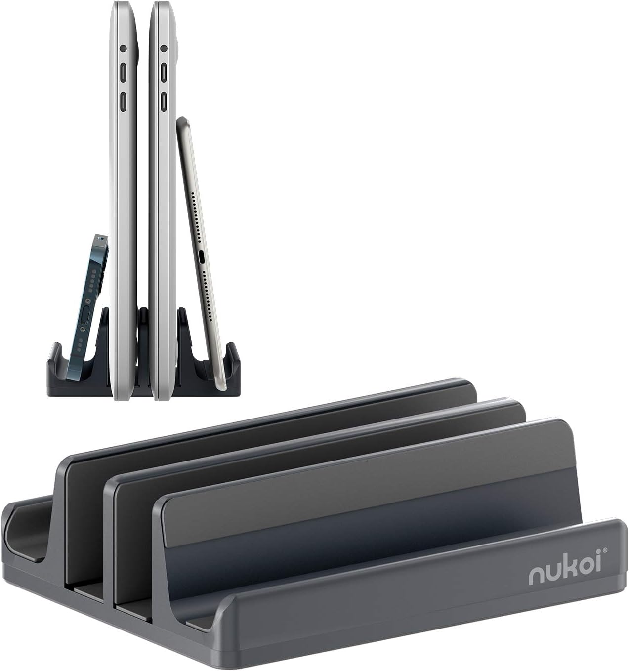 Vertical Laptop Stand - SPACEMax Adjustable GRIPLock Anti-Tip Silicone 4 Slots Aluminum Desktop Holder - Double Dock Stand - 2 Phone Slots Fits Up to 17.3” Laptops, Tablets, Phones - Black