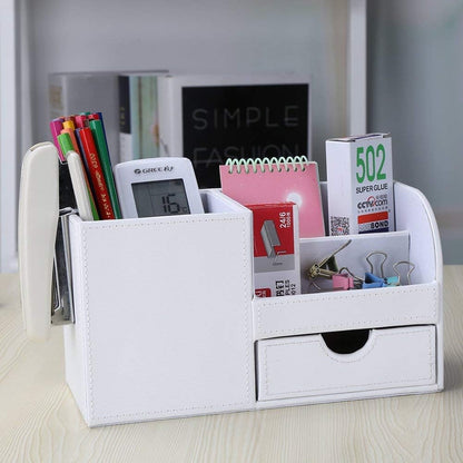 KINGFOM Desk Organizer Office Supplies Caddy Pu Leather Multi-function Storage Box Pen/Pencil,Cell phone, Business Name Cards Remote Control Holder with Small Drawer Black