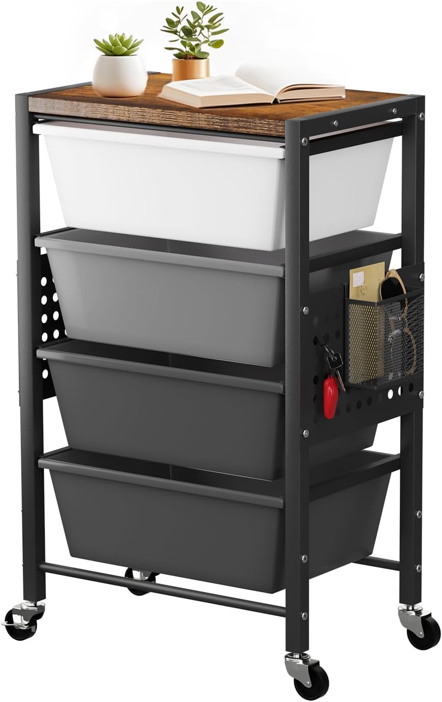 Rolling Cart with 3 Drawers, Plastic Drawer Storage Carts with Lockable Wheels & Wooden Tabletop, Metal Utility Cart Organizer, Office Bedroom Classroom Craft Organization and Storage, Bright White