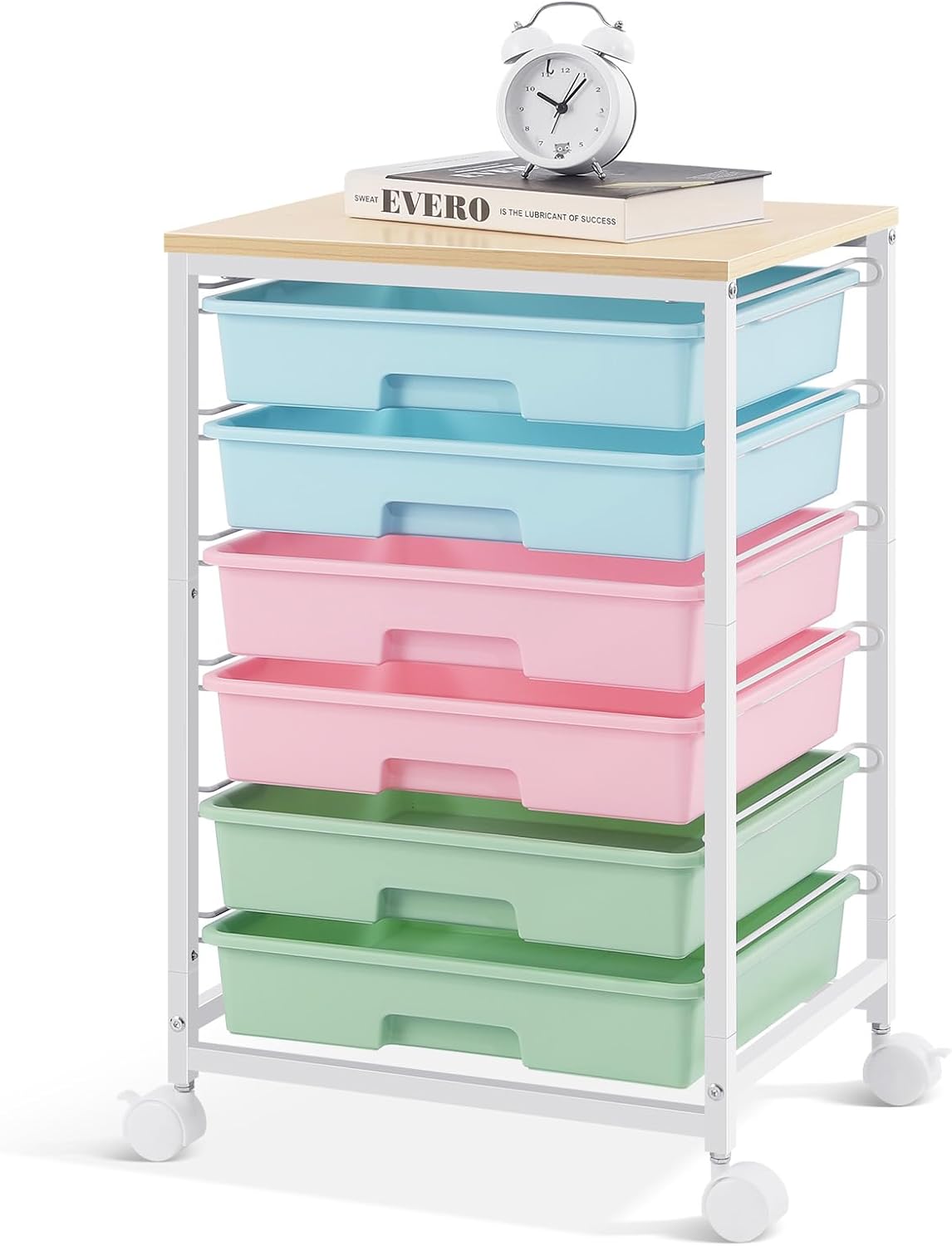 SYKIARIOL Rolling Storage Utility Cart with 6 Drawers and Wooden Tabletop for Under Desk Storage,White
