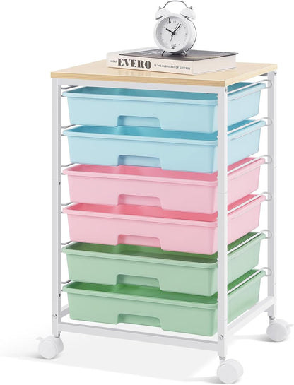 SYKIARIOL Rolling Storage Utility Cart with 6 Drawers and Wooden Tabletop for Under Desk Storage,White