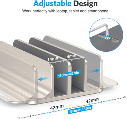 OMOTON Vertical Laptop Stand [Updated 3-Slots Version], Desktop Aluminum Mac Book Stand with Adjustable Dock Size, Fits All Mac Book, Chrome Book and Gaming Laptops (Up to 17.3 inch), Starlight
