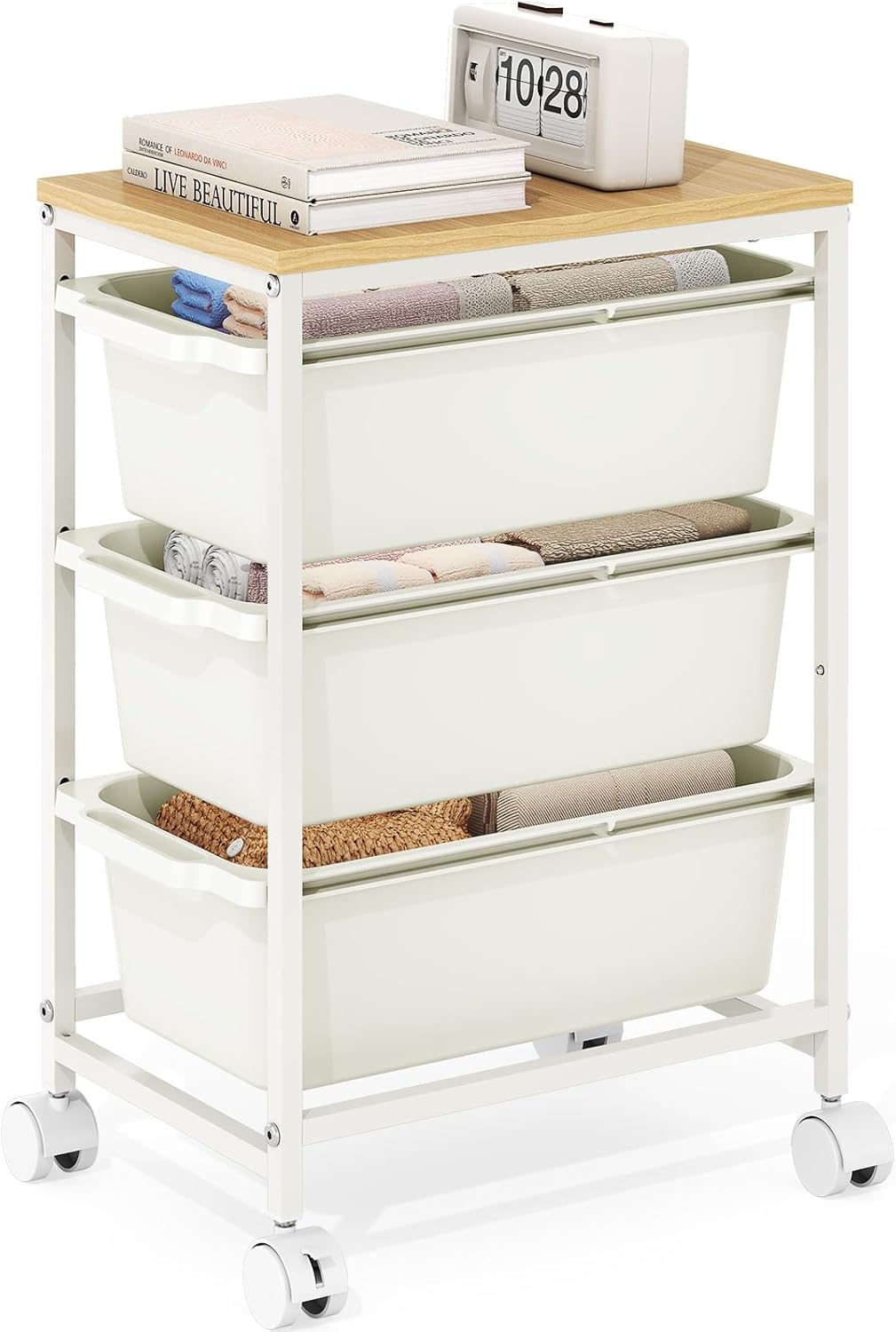 Rolling Storage Cart with 3 Drawers, Craft Organizer, Wooden Tabletop Utility Cart for Bedroom, Children's Room and Office Organization, Under Desk Trolley with Lockable Wheels,White