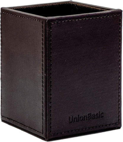UnionBasic Square Pen Holder, Leather Pencil Cup, Desktop Caddy Stationery Organizer, Beige